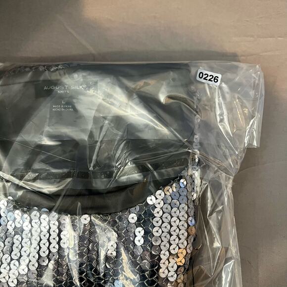 August Silk Knits Silver Sequin Scoop Neck Short Sleeve Top Woman's L - Picture 14 of 14